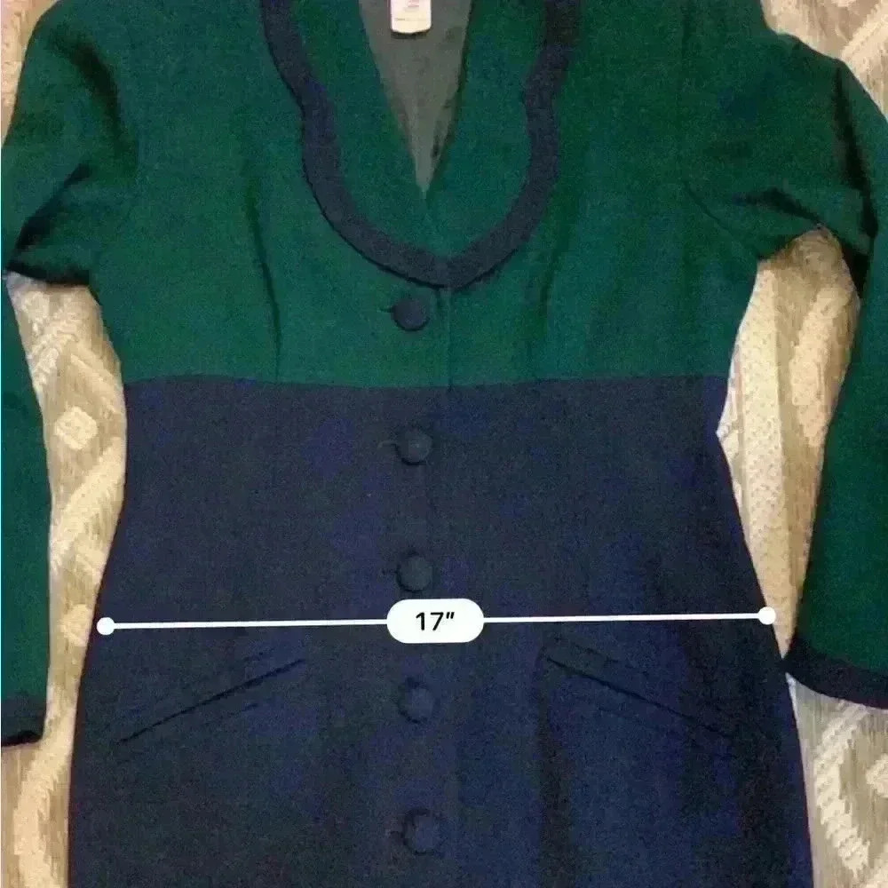 Vintage Gillian Petites Jacket Dress Wool Color Block Fully Lined Green  Navy. - Picture 11 of 14